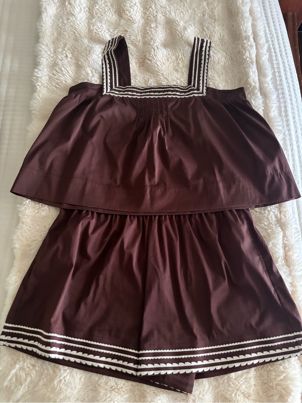 Brown Sleeveless Two-Piece Pajama Set with White Trim